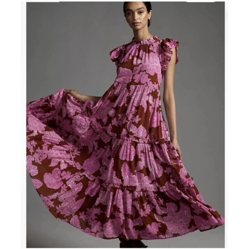 Love The Label Dress Tiered Ruffled Cotton Maxi Floral Print Size XSP Boho Flare